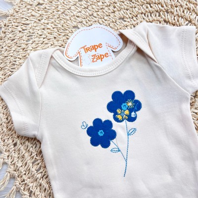 Conj. Body Duas Flores e Short Floral Tropical - Creme e Azul Petróleo 
